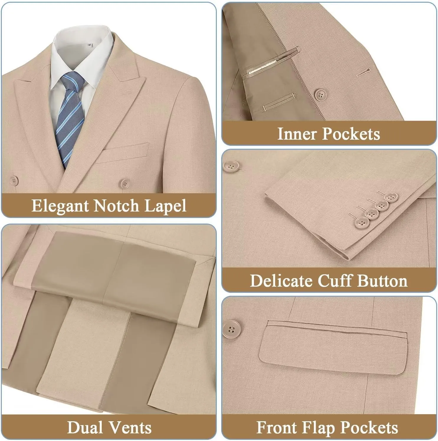 Mens Suits 3 Piece Slim Fit Double Breasted Suit Business Wedding Prom Tuxedo Solid Blazer Vest Pants Set