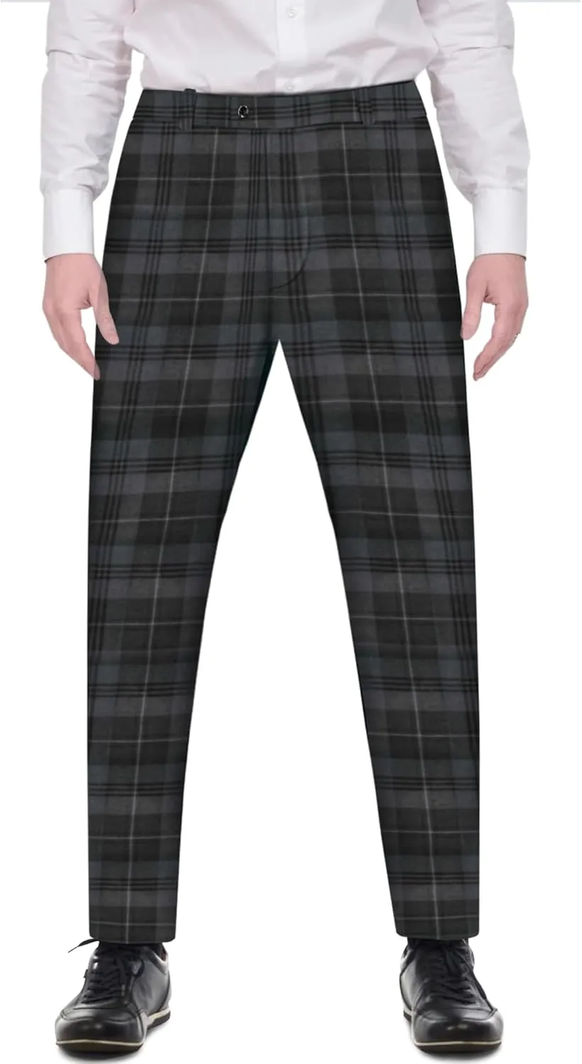 Mens Tailored fit trousers - Scottish Tartans Grey Check Grey Granite - Adjustable Waistband - Comfortable Chinos Golf Trouser - For any seasons, wedding - Waist Size 36 - Inner Length 31 Inches