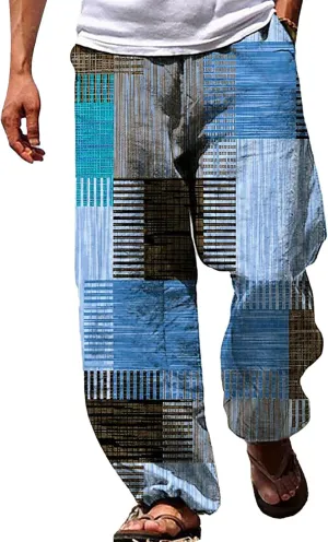 Miyaomn Trendy Stripes Patchwork Loose Casual Pants for Men Lightweight Elastic Waist Wide Leg Lounge Beach Pants with Pocket