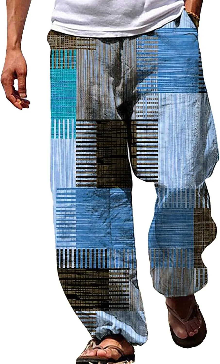 Miyaomn Trendy Stripes Patchwork Loose Casual Pants for Men Lightweight Elastic Waist Wide Leg Lounge Beach Pants with Pocket