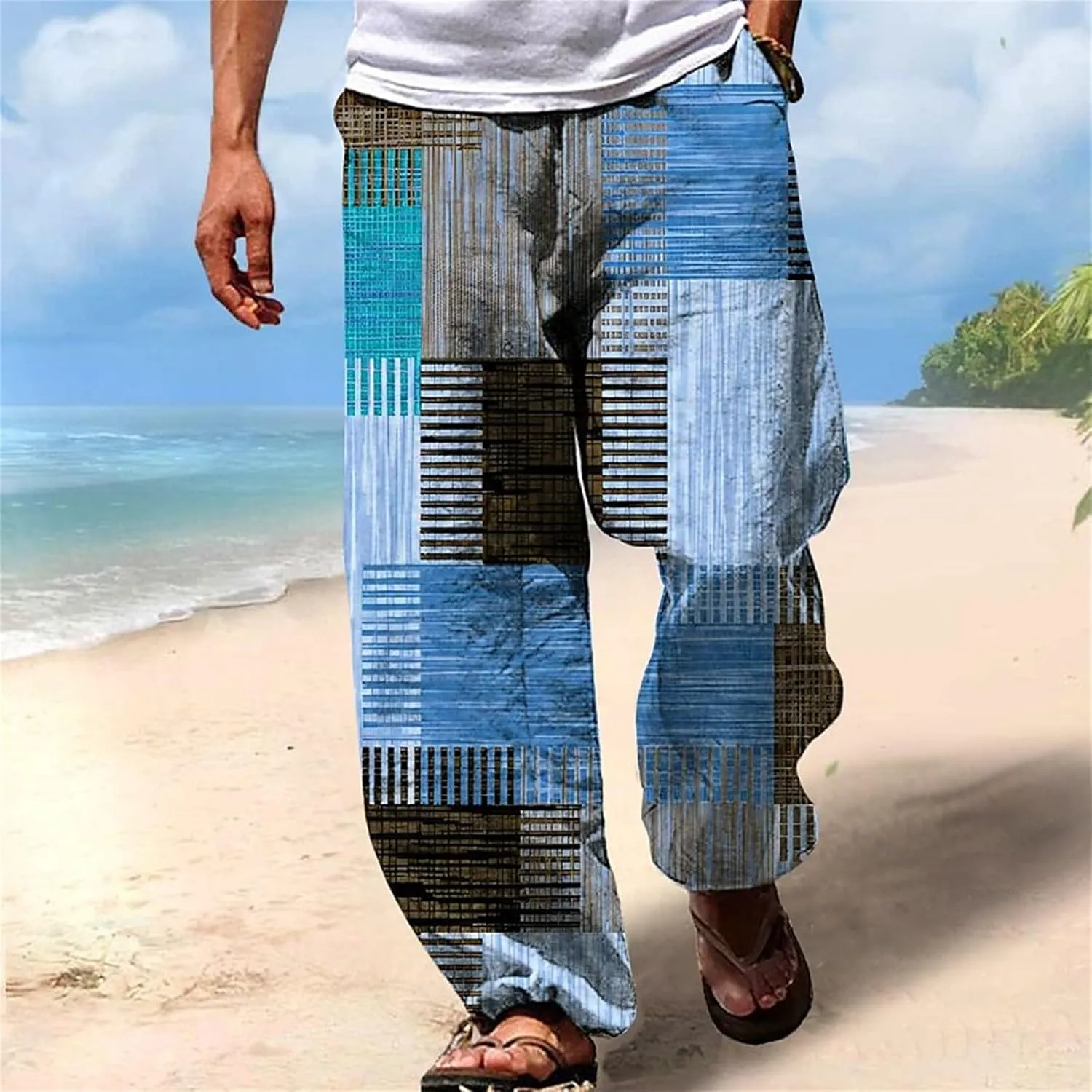 Miyaomn Trendy Stripes Patchwork Loose Casual Pants for Men Lightweight Elastic Waist Wide Leg Lounge Beach Pants with Pocket