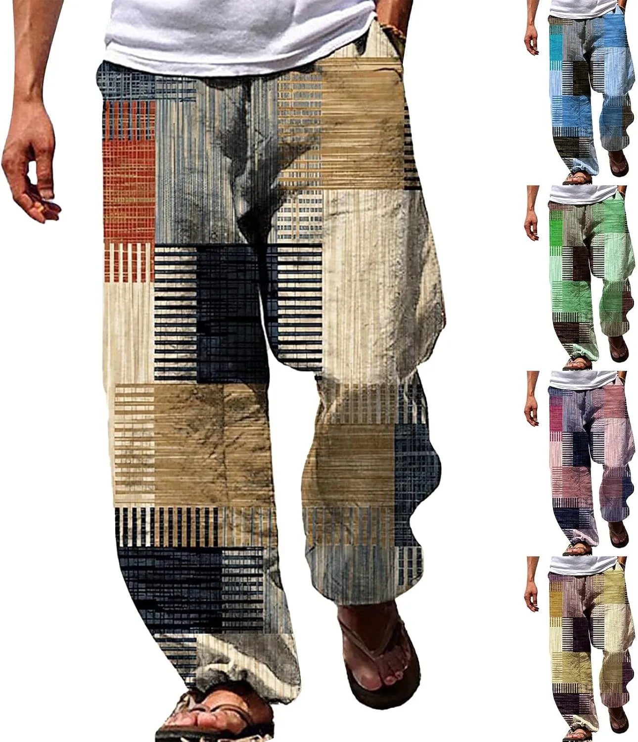 Miyaomn Trendy Stripes Patchwork Loose Casual Pants for Men Lightweight Elastic Waist Wide Leg Lounge Beach Pants with Pocket