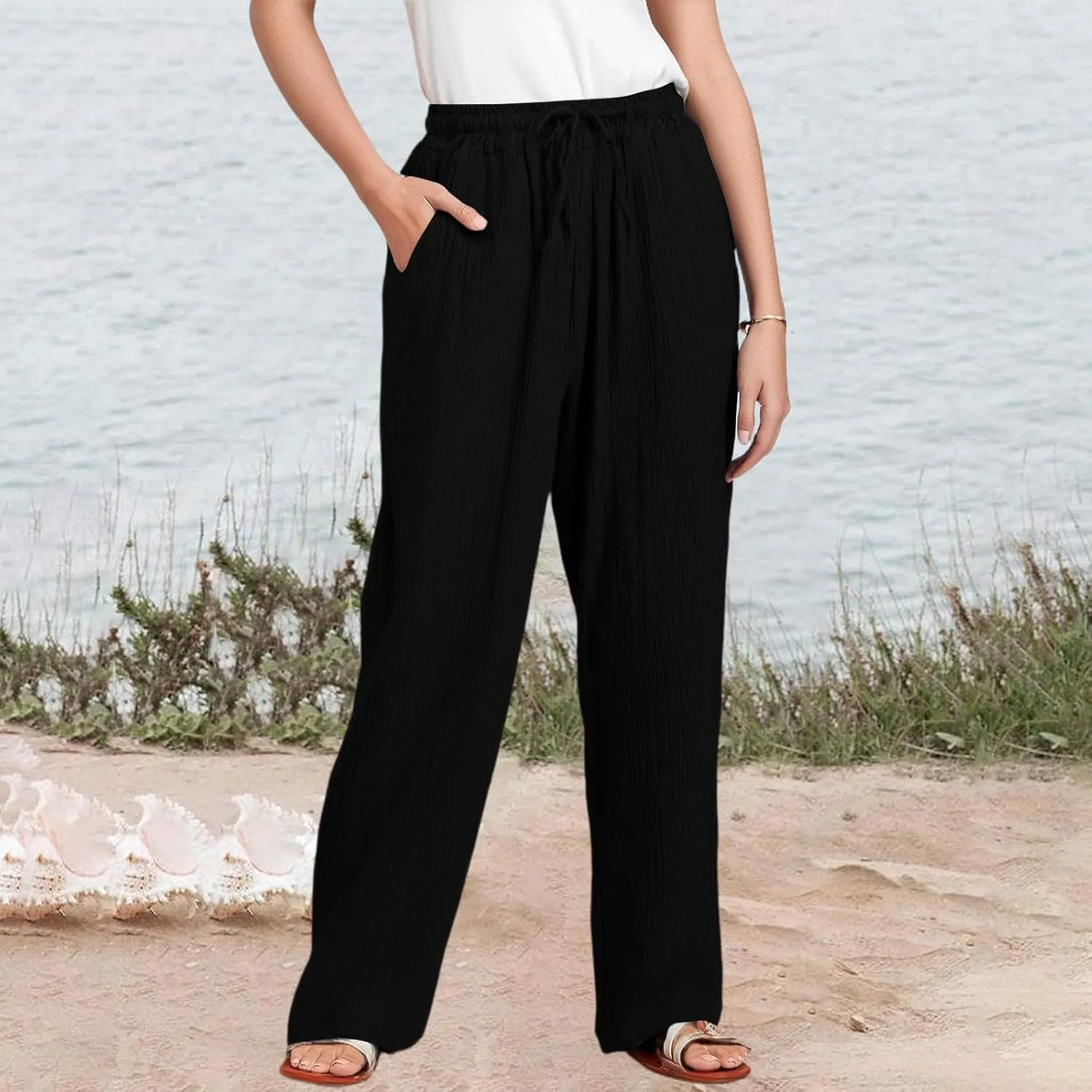 NBXNZWF Women's Linen Pants Wide Leg Elastic High Waisted Pull On Trousers Flowy Summer Beach Palazzo Pants with Pockets