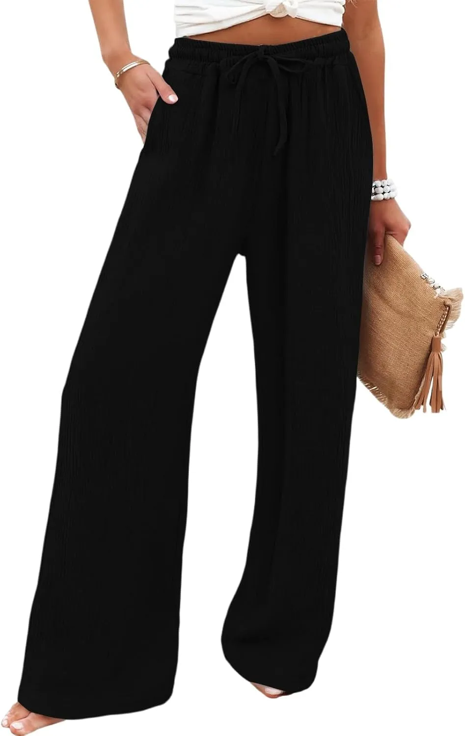 NBXNZWF Women's Linen Pants Wide Leg Elastic High Waisted Pull On Trousers Flowy Summer Beach Palazzo Pants with Pockets
