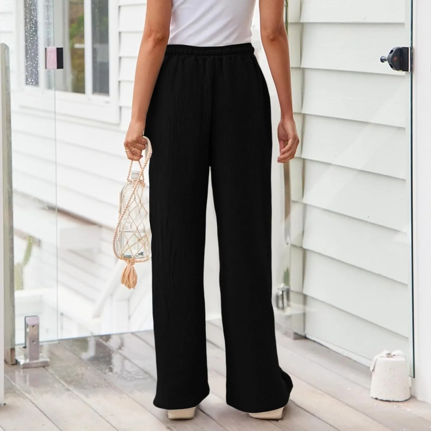 NBXNZWF Women's Linen Pants Wide Leg Elastic High Waisted Pull On Trousers Flowy Summer Beach Palazzo Pants with Pockets