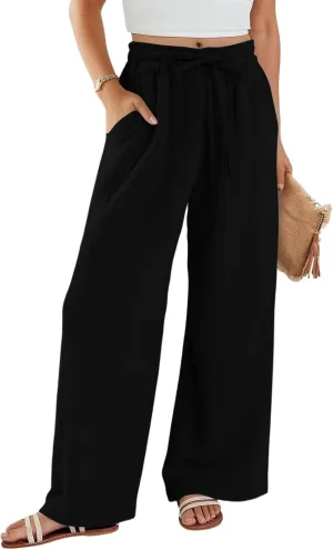 NBXNZWF Women's Linen Pants Wide Leg Elastic High Waisted Pull On Trousers Flowy Summer Beach Palazzo Pants with Pockets