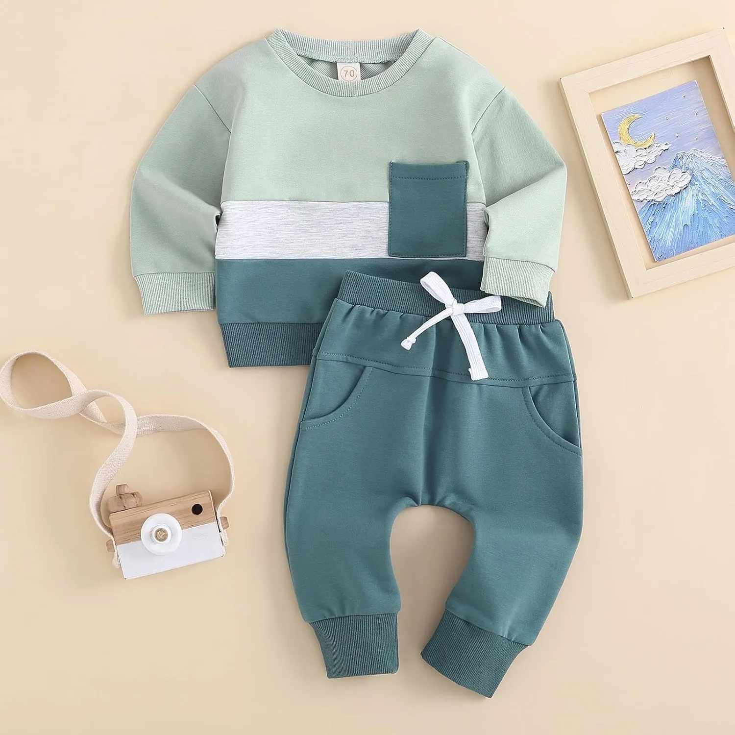 Newborn Baby Boy Girl Clothes Gender Neutral Sweatsuit Unisex Solid Outfit Long Sleeve Warm Pullover Pant Set