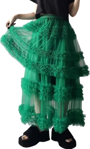 NUFIWI Women Puffy Tulle Maxi Skirt Layered A Line Tiered Ruffle Long Skirts Mesh Tutu Skirt Petticoat