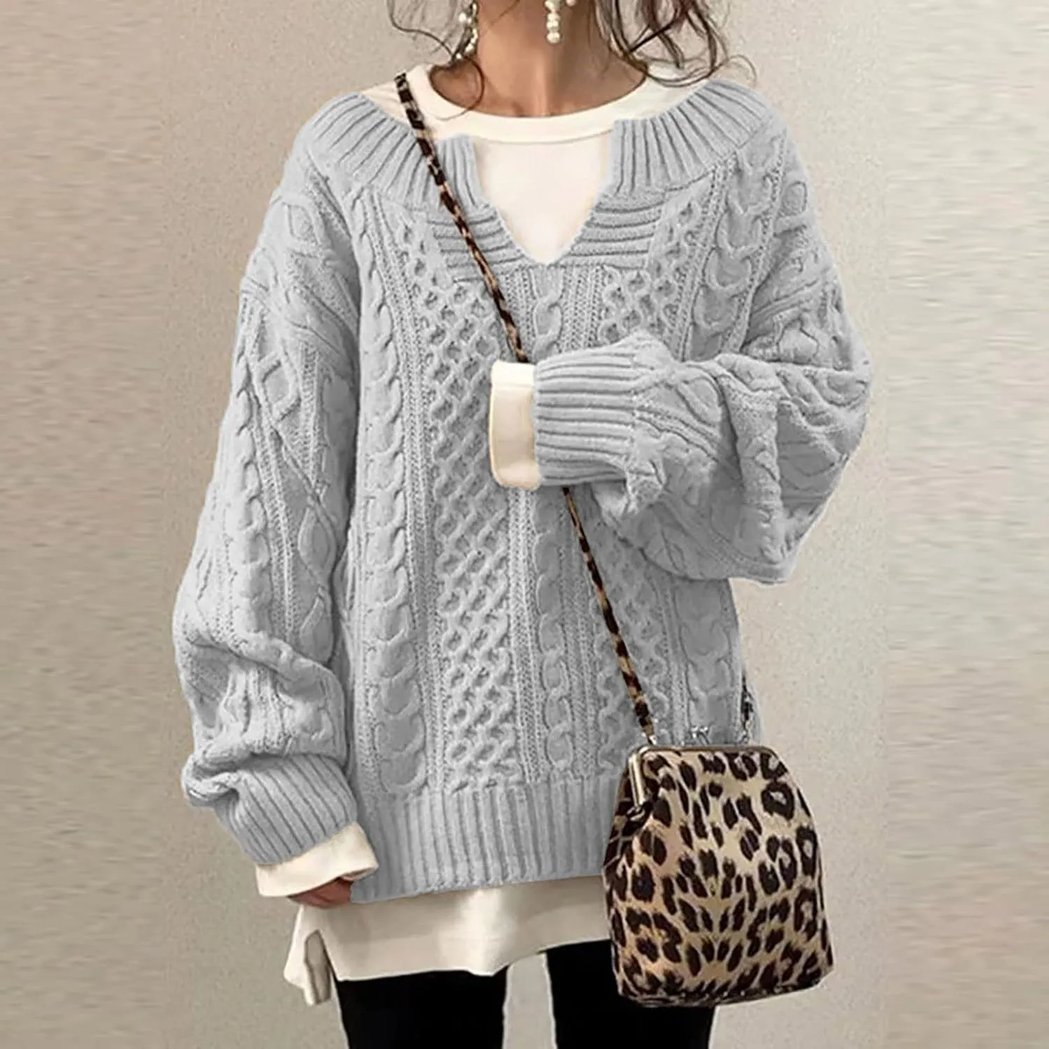Oversized Sweaters for Women Lightweight Long Sleeve V Neck Cable Knit Sweater Loose Casual Plus Size Pullover Tops