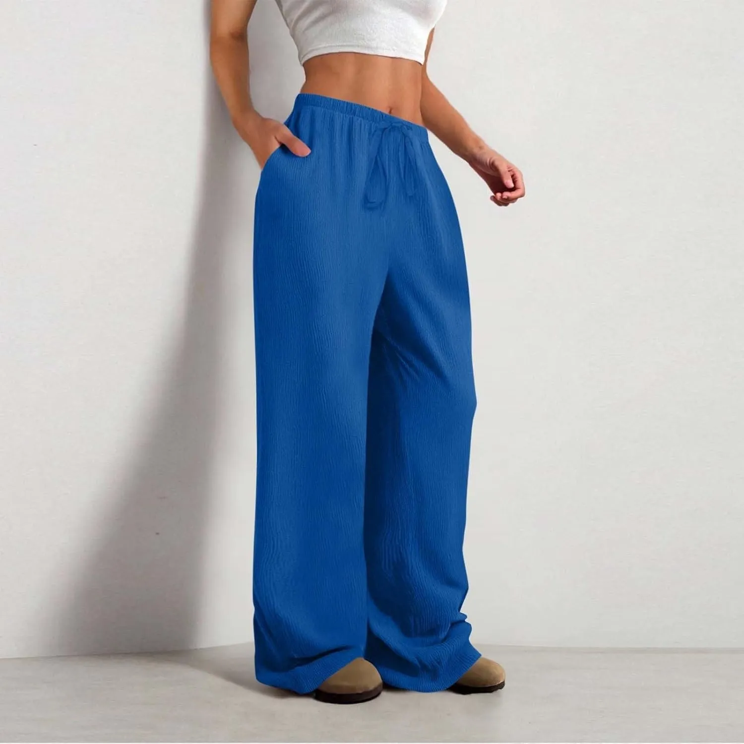 Pants for Women Summer, Cotton Linen Drawstring Baggy Trousers High Waisted Beach Vacation Wide Leg Slacks