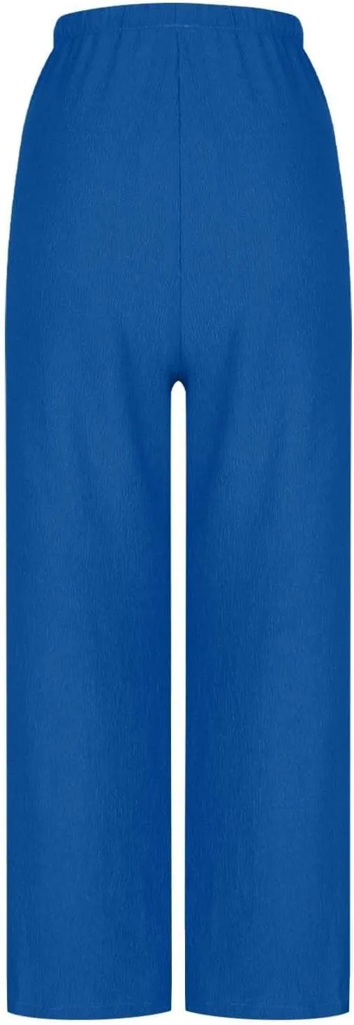 Pants for Women Summer, Cotton Linen Drawstring Baggy Trousers High Waisted Beach Vacation Wide Leg Slacks