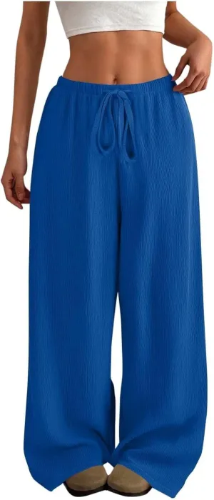 Pants for Women Summer, Cotton Linen Drawstring Baggy Trousers High Waisted Beach Vacation Wide Leg Slacks