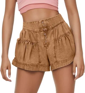 Pleated Ruffle Denim Shorts for Women Buttons Casual Summer High Waisted Wide Leg Jean Shorts Streetwear Hot Shorts