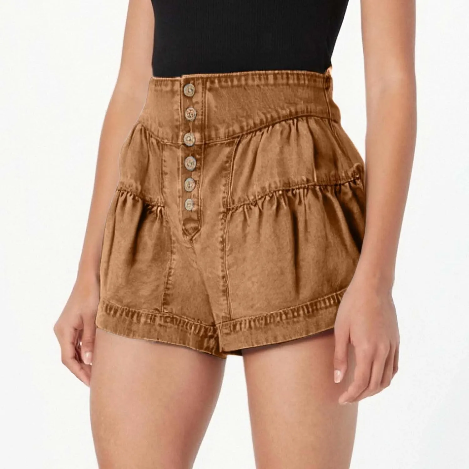 Pleated Ruffle Denim Shorts for Women Buttons Casual Summer High Waisted Wide Leg Jean Shorts Streetwear Hot Shorts