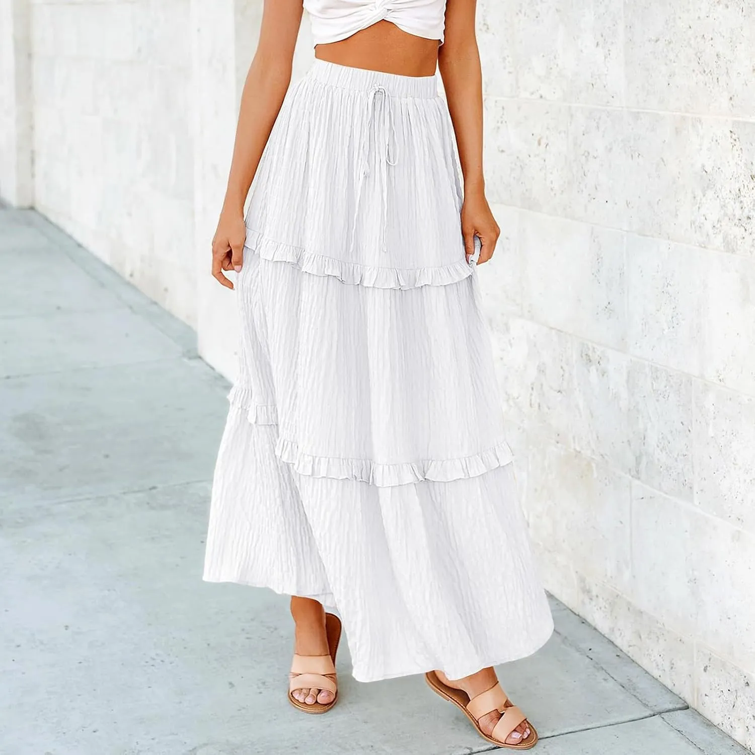Pleated Skirts for Women Summer Boho Flowy Swing Ruffle Tiered A-Line Drawstring Elastic Waist Long Midi Skirt Dress