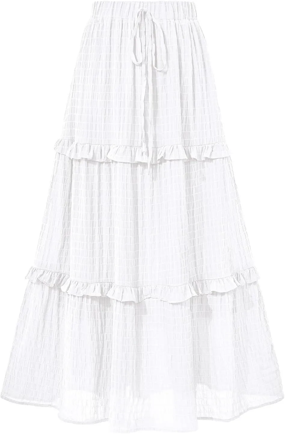 Pleated Skirts for Women Summer Boho Flowy Swing Ruffle Tiered A-Line Drawstring Elastic Waist Long Midi Skirt Dress