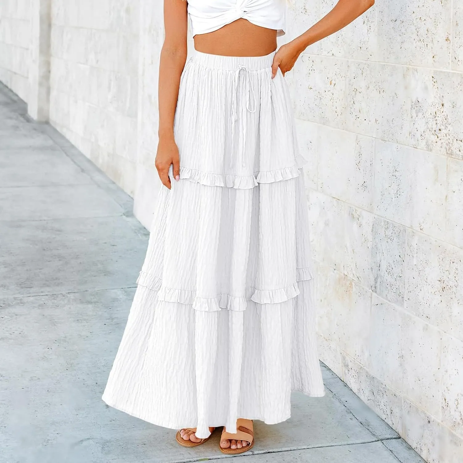 Pleated Skirts for Women Summer Boho Flowy Swing Ruffle Tiered A-Line Drawstring Elastic Waist Long Midi Skirt Dress