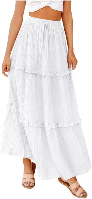 Pleated Skirts for Women Summer Boho Flowy Swing Ruffle Tiered A-Line Drawstring Elastic Waist Long Midi Skirt Dress