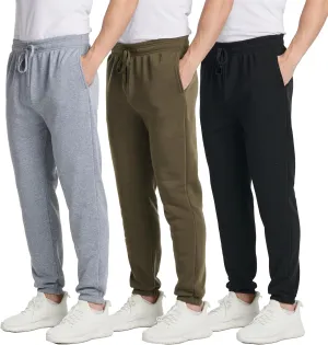 Real Essentials 3 Pack: Men's Fleece Elastic Bottom Jogger Sweatpants with Pockets (Available in Big & Tall)