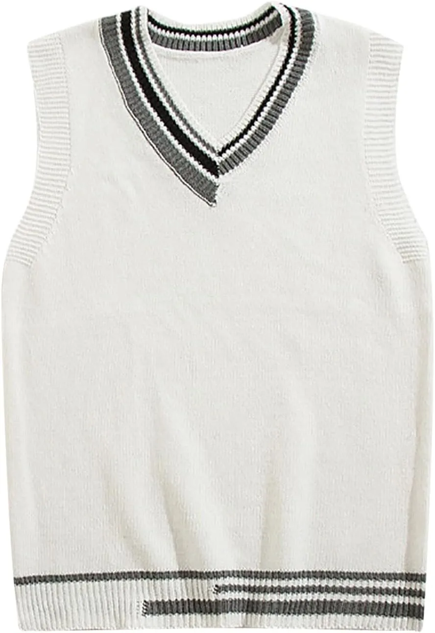 Sleeveless Sweater Vest for Men Color Block Knitted Trendy Pullover Sweater V Neck Comfort Soft Casual Jumper Tops