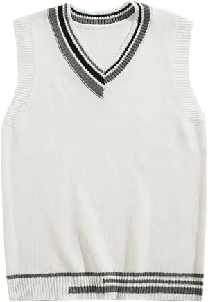 Sleeveless Sweater Vest for Men Color Block Knitted Trendy Pullover Sweater V Neck Comfort Soft Casual Jumper Tops