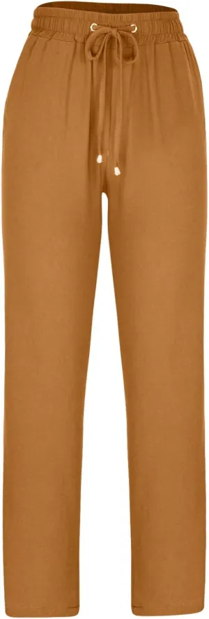 SMIDOW Women Cotton Linen Pants Dressy Casual Drawstring Elastic Waist Straight Leg Trousers with Pockets Loose Comfy