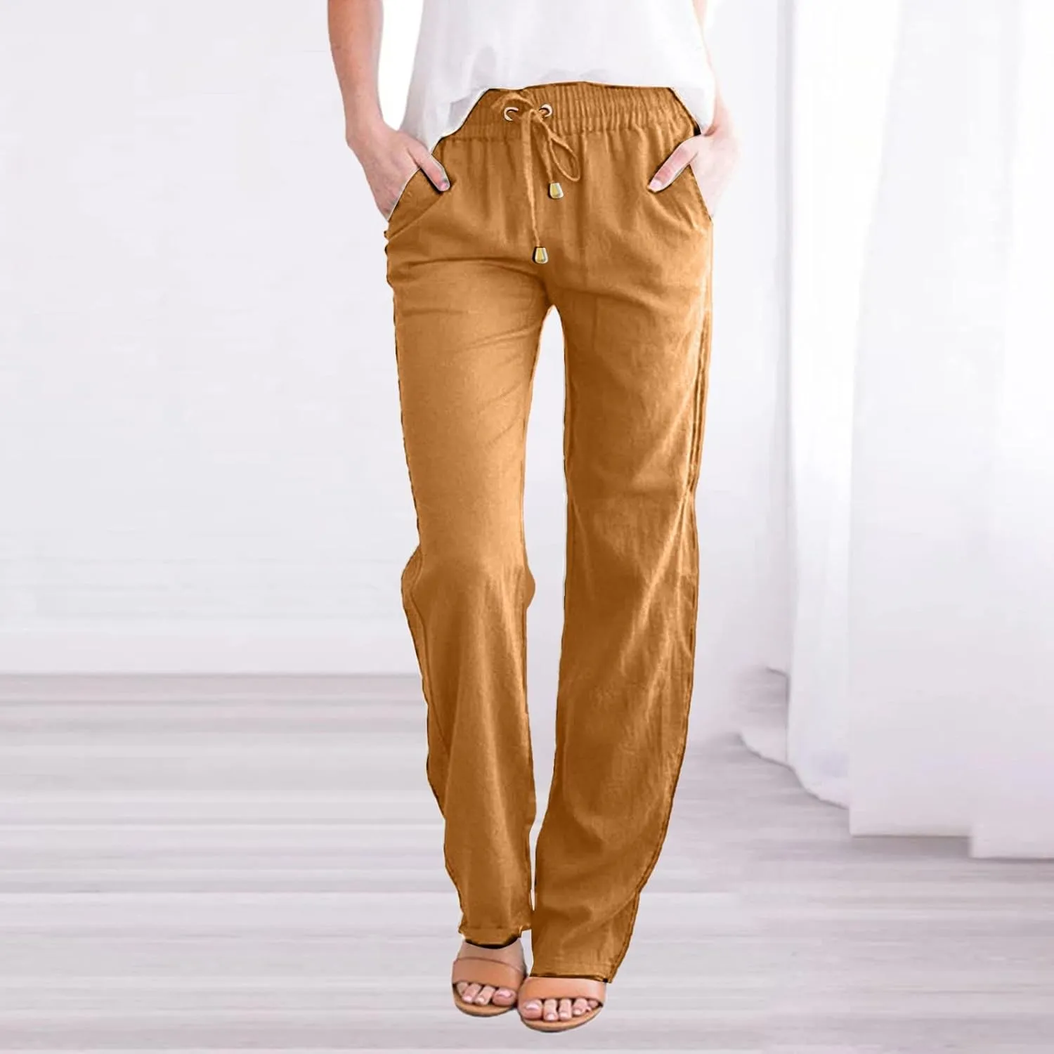 SMIDOW Women Cotton Linen Pants Dressy Casual Drawstring Elastic Waist Straight Leg Trousers with Pockets Loose Comfy