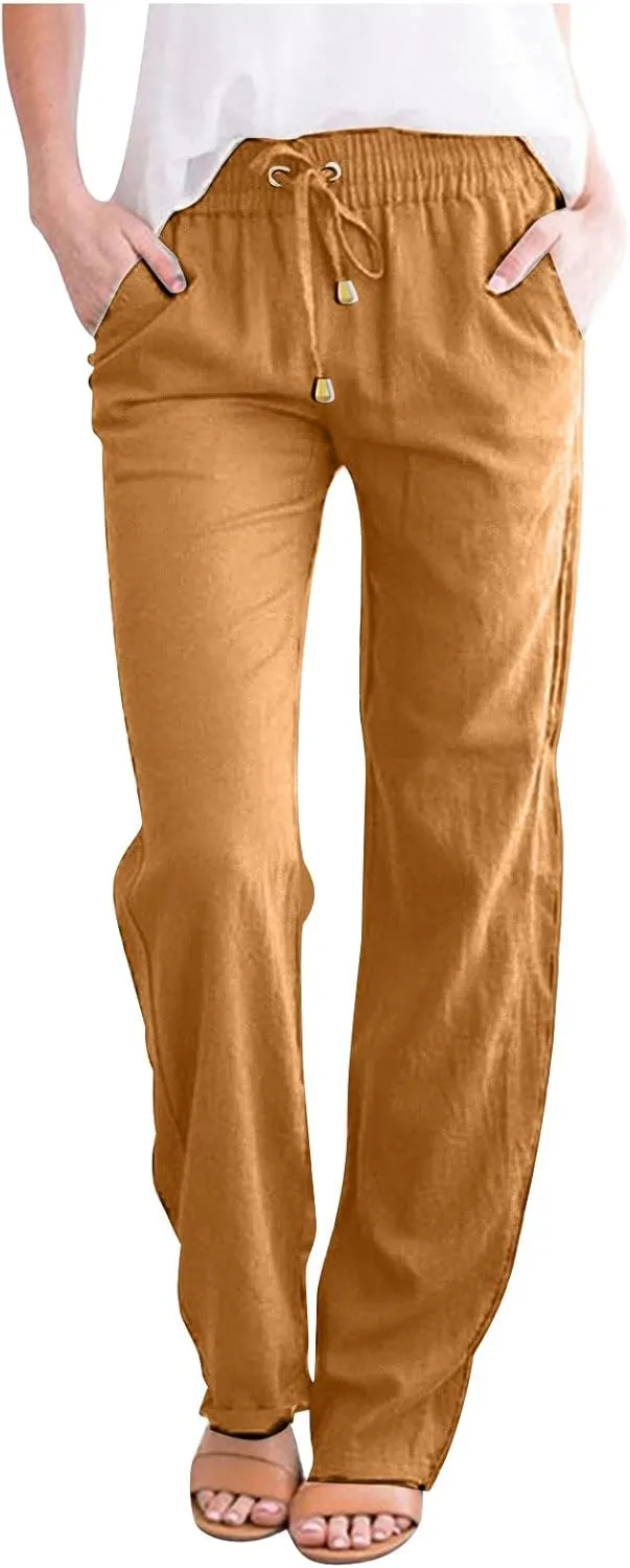 SMIDOW Women Cotton Linen Pants Dressy Casual Drawstring Elastic Waist Straight Leg Trousers with Pockets Loose Comfy