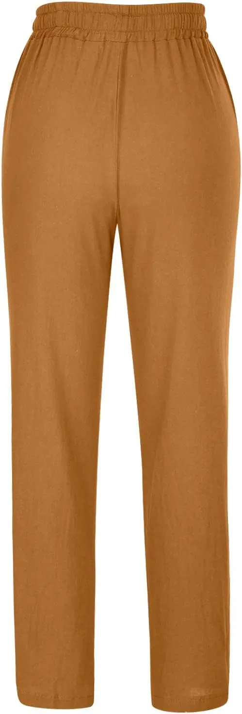 SMIDOW Women Cotton Linen Pants Dressy Casual Drawstring Elastic Waist Straight Leg Trousers with Pockets Loose Comfy