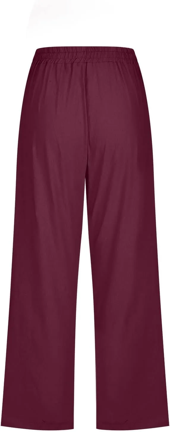 SMIDOW Women Solid Cotton Linen Capri Pants Drawstring Elastic Waist Cropped Pants with Pockets Summer Casual Comfy