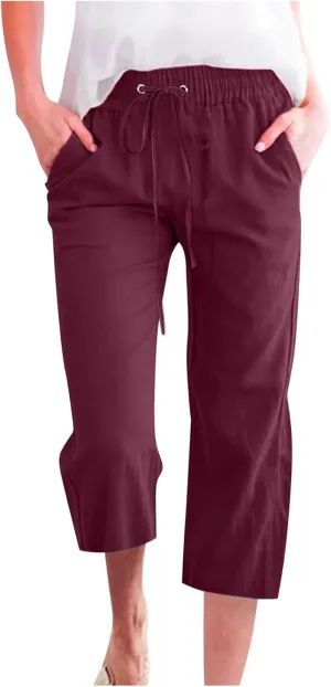SMIDOW Women Solid Cotton Linen Capri Pants Drawstring Elastic Waist Cropped Pants with Pockets Summer Casual Comfy
