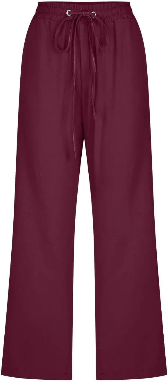 SMIDOW Women Solid Cotton Linen Capri Pants Drawstring Elastic Waist Cropped Pants with Pockets Summer Casual Comfy