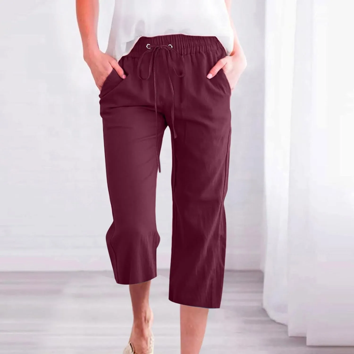 SMIDOW Women Solid Cotton Linen Capri Pants Drawstring Elastic Waist Cropped Pants with Pockets Summer Casual Comfy