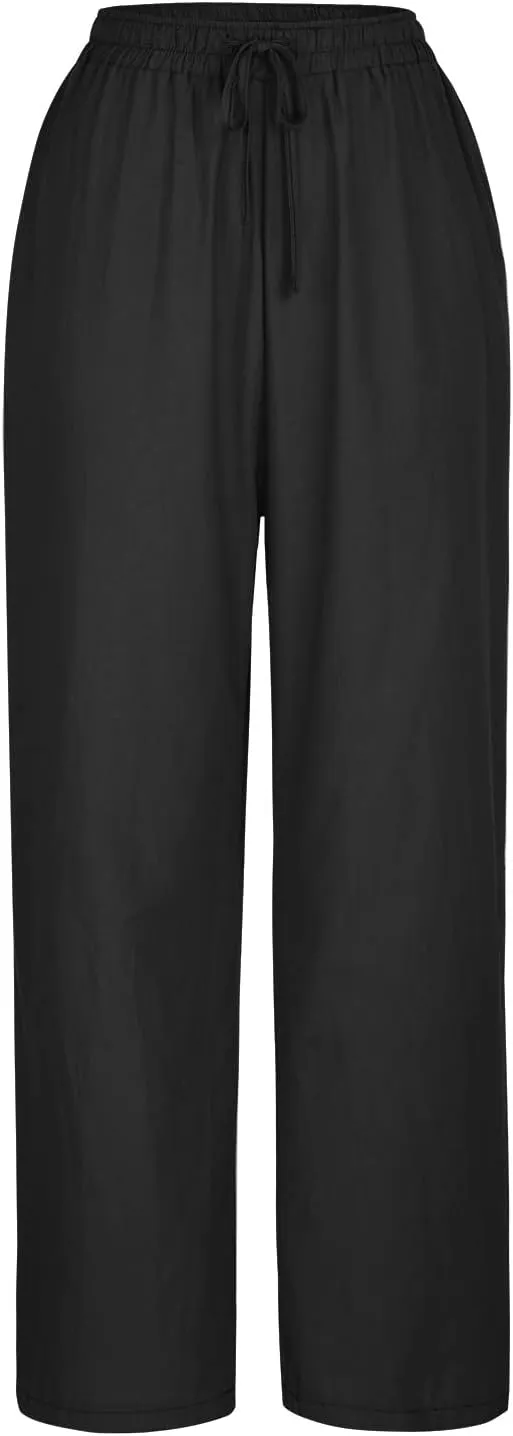 SMIDOW Women's Plus Size Casual Linen Pants High Waisted Cotton Trousers Straight-Leg Palazzo Pants with Pockets