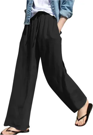 SMIDOW Women's Plus Size Casual Linen Pants High Waisted Cotton Trousers Straight-Leg Palazzo Pants with Pockets