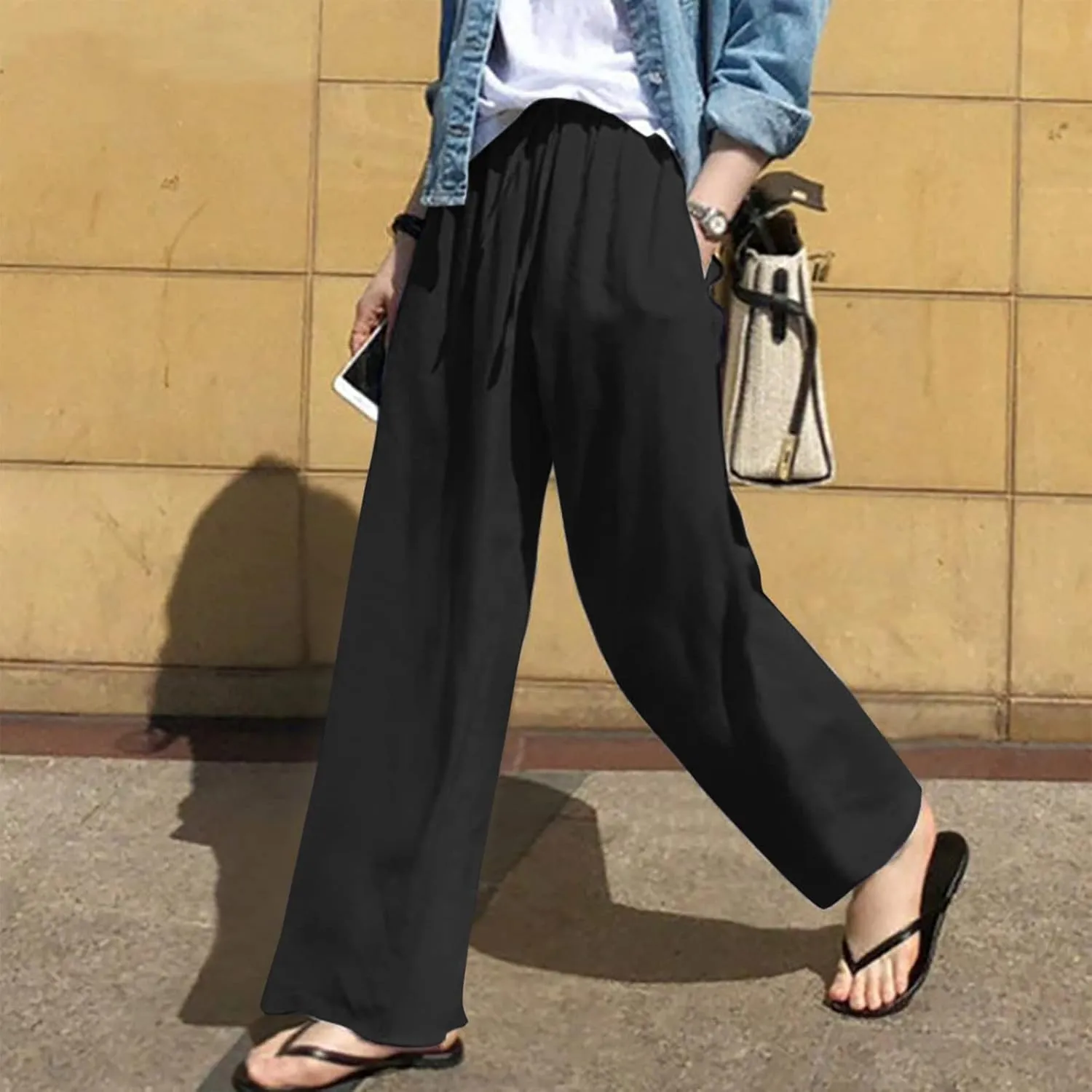 SMIDOW Women's Plus Size Casual Linen Pants High Waisted Cotton Trousers Straight-Leg Palazzo Pants with Pockets