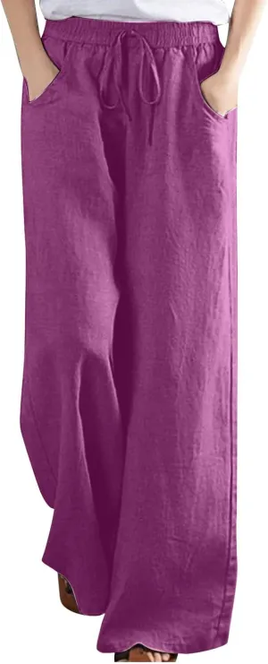 SMIDOW Womens Plus Size Linen Palazzo Pants Drawstring Elastic Waist Culottes Business Work Trousers Loose Fit