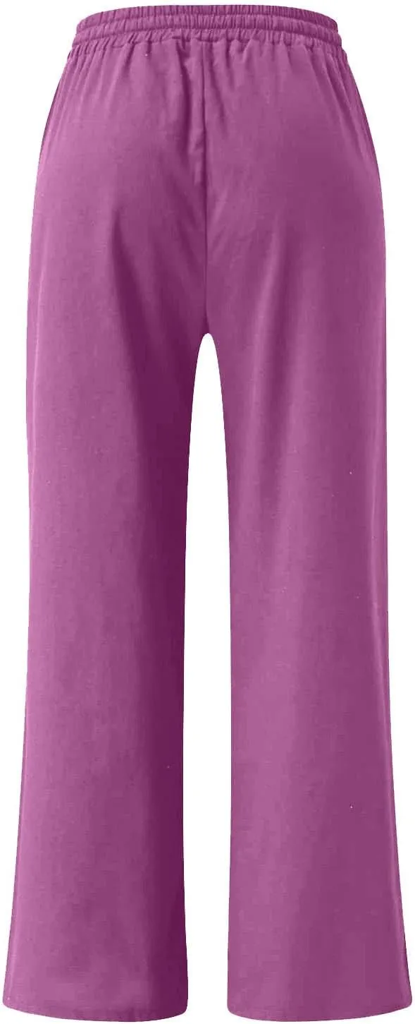 SMIDOW Womens Plus Size Linen Palazzo Pants Drawstring Elastic Waist Culottes Business Work Trousers Loose Fit