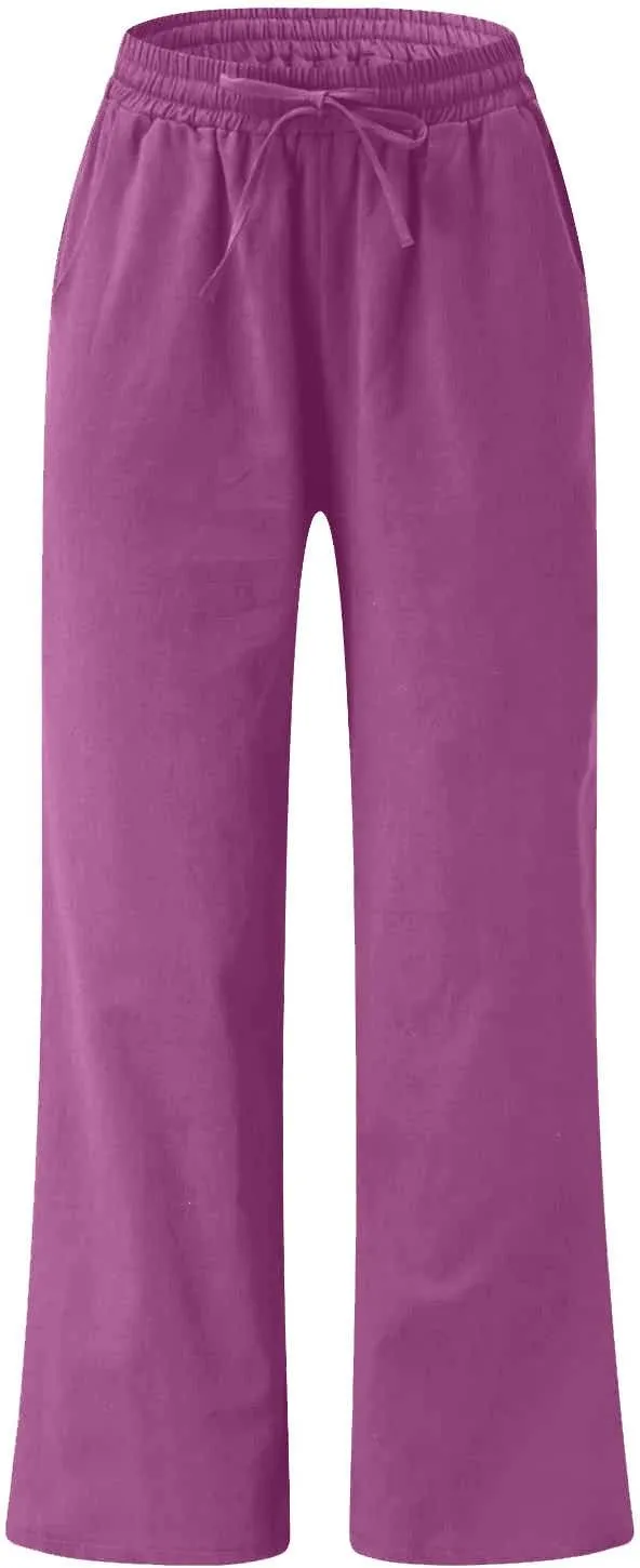 SMIDOW Womens Plus Size Linen Palazzo Pants Drawstring Elastic Waist Culottes Business Work Trousers Loose Fit