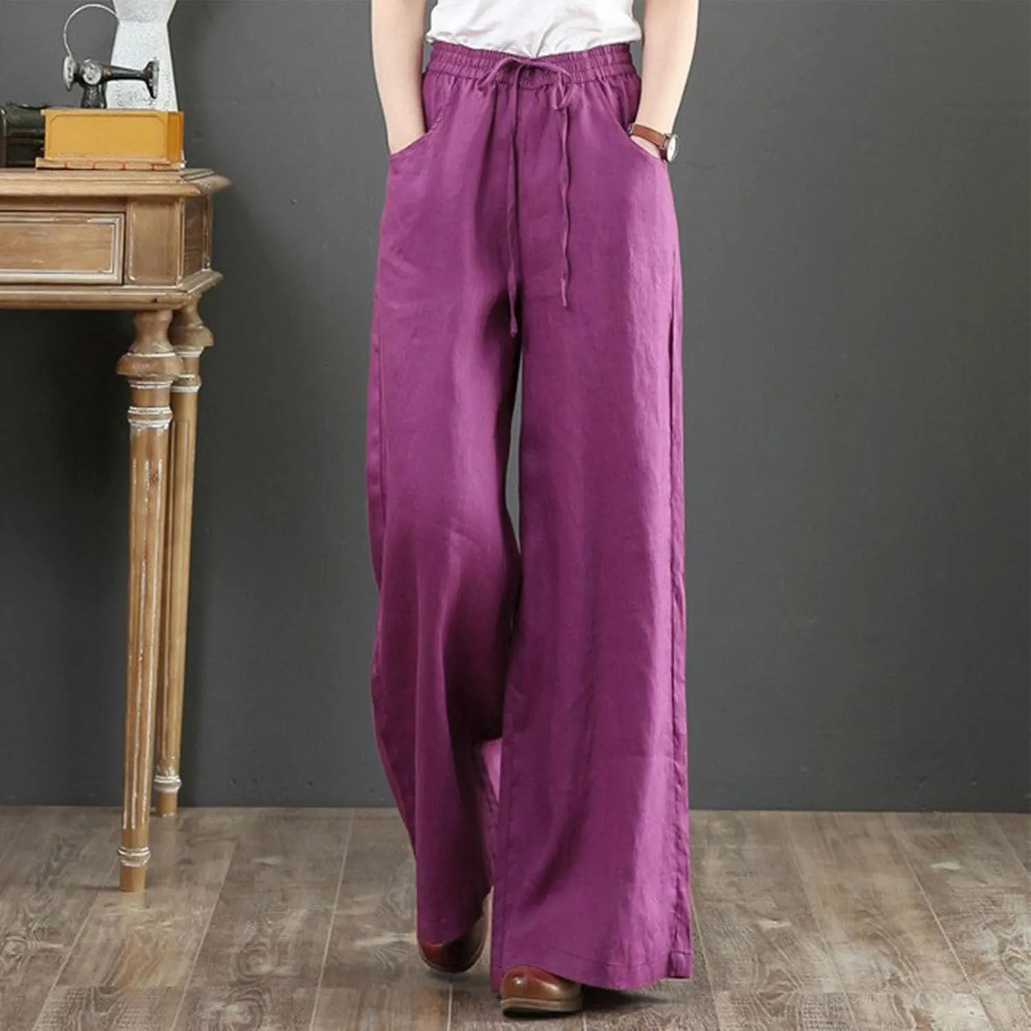 SMIDOW Womens Plus Size Linen Palazzo Pants Drawstring Elastic Waist Culottes Business Work Trousers Loose Fit