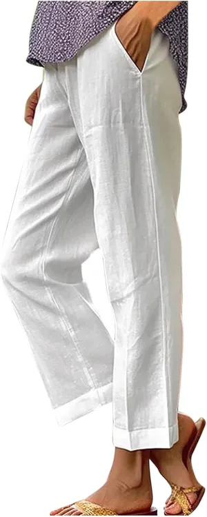 Summer Cotton Linen Pants for Women 2024 Plus Size Causal Straight Leg Cropped Lounge Pant Beach Vacation Trousers