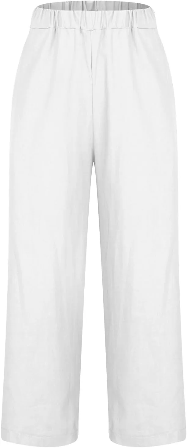 Summer Cotton Linen Pants for Women 2024 Plus Size Causal Straight Leg Cropped Lounge Pant Beach Vacation Trousers