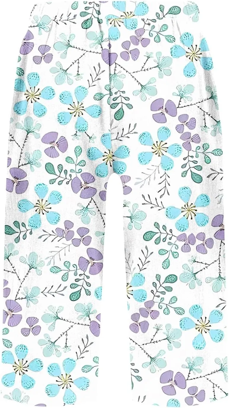 Summer Pants for Women High Waisted Loose Pants Elastic Floral Print Knee Length Bermuda Shorts with Pockets Vacation