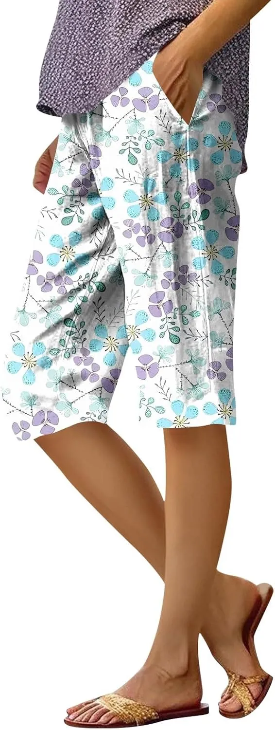 Summer Pants for Women High Waisted Loose Pants Elastic Floral Print Knee Length Bermuda Shorts with Pockets Vacation