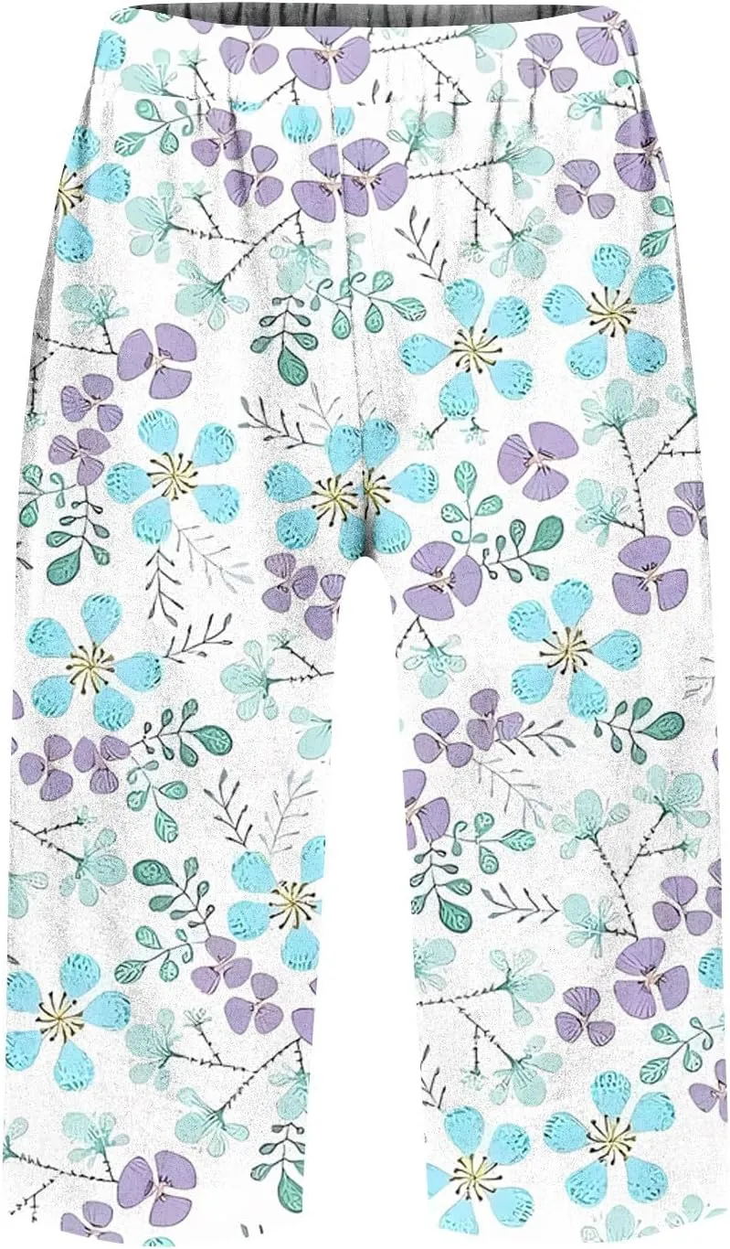 Summer Pants for Women High Waisted Loose Pants Elastic Floral Print Knee Length Bermuda Shorts with Pockets Vacation