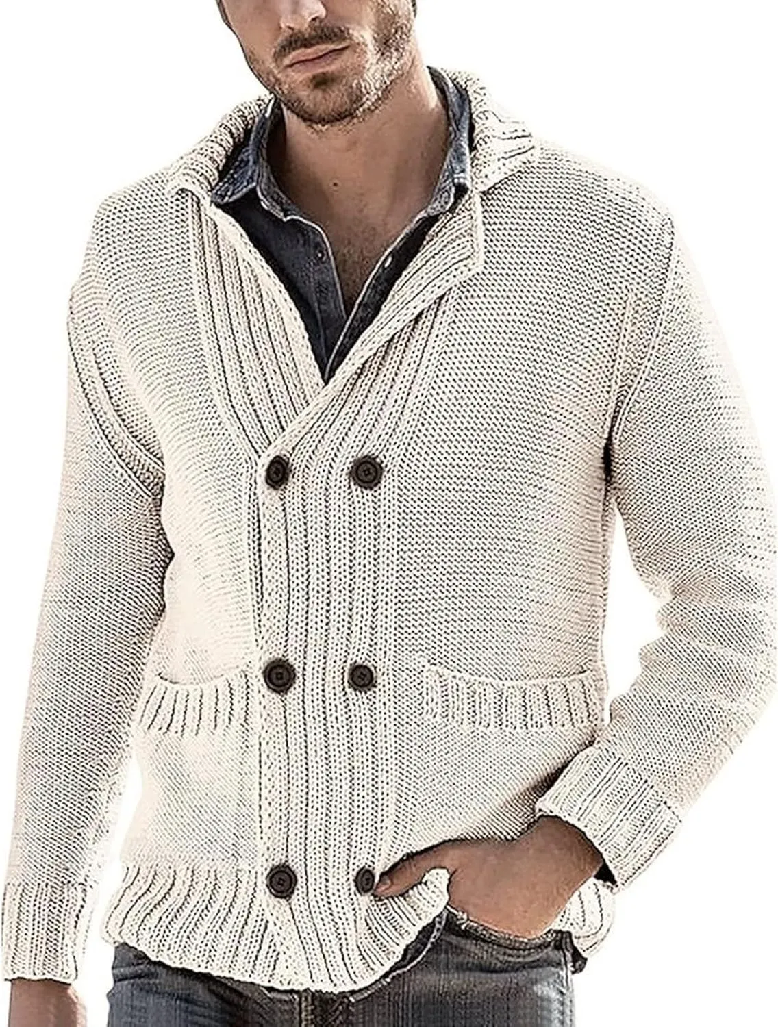 SUWBMHWE Men's Shawl Collar Cardigan Sweater Cable Knit Button Down Cardigans Casual Winter Chunky Sweaters with Pockets