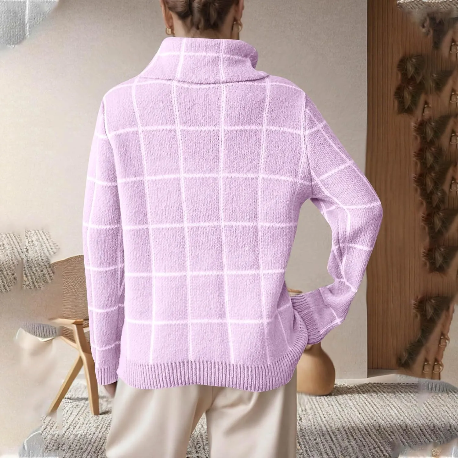 Sweaters for Women Trendy Oversized Turtleneck Plaid Fuzzy Pullover Tops Winter Long Sleeve Fuzzy Thermal Clothes