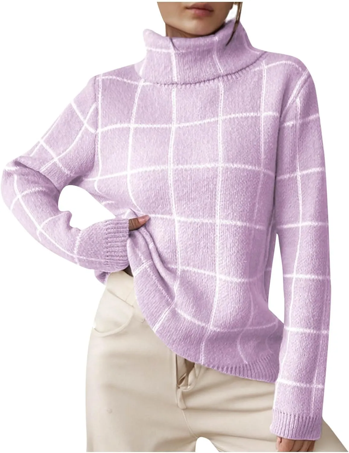 Sweaters for Women Trendy Oversized Turtleneck Plaid Fuzzy Pullover Tops Winter Long Sleeve Fuzzy Thermal Clothes