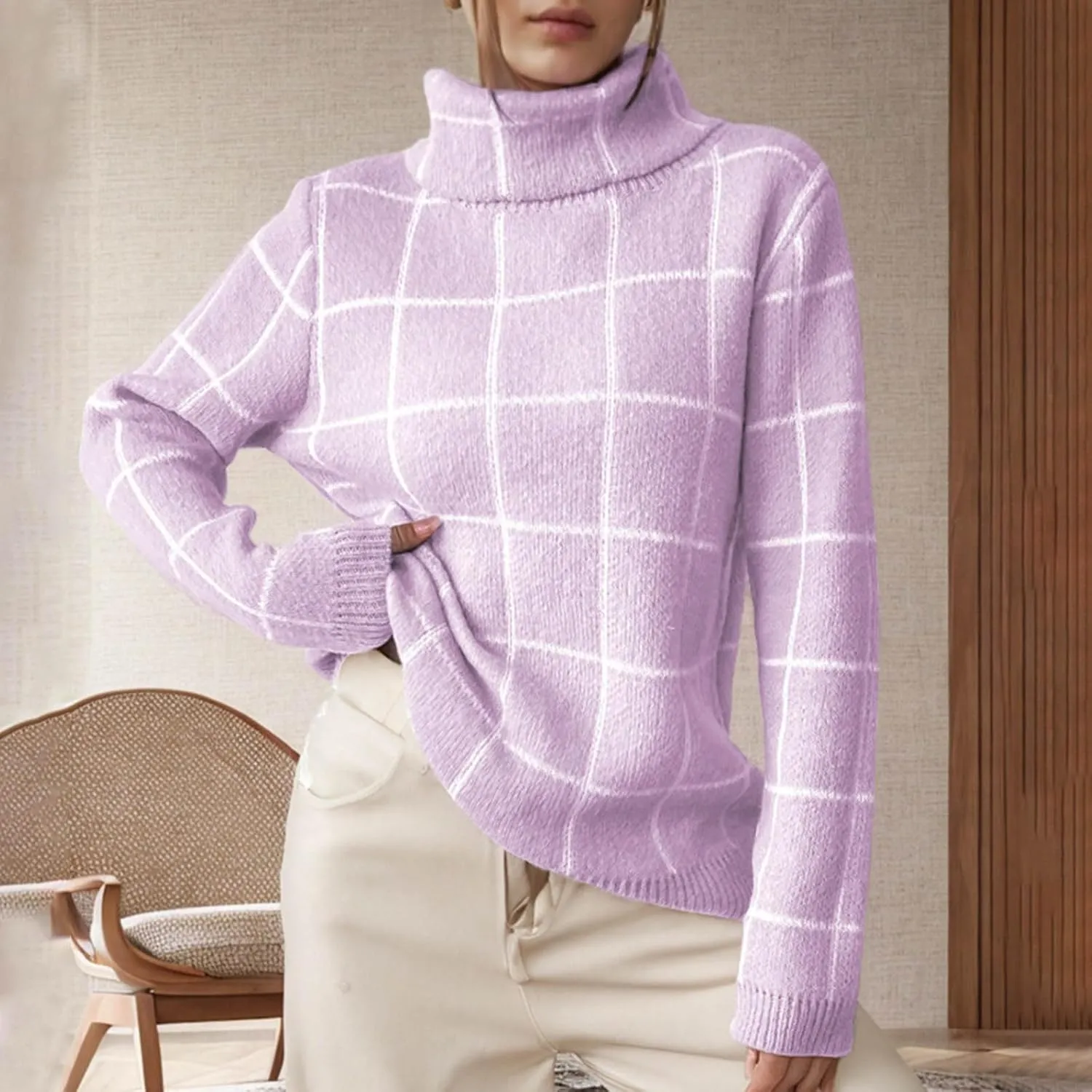 Sweaters for Women Trendy Oversized Turtleneck Plaid Fuzzy Pullover Tops Winter Long Sleeve Fuzzy Thermal Clothes