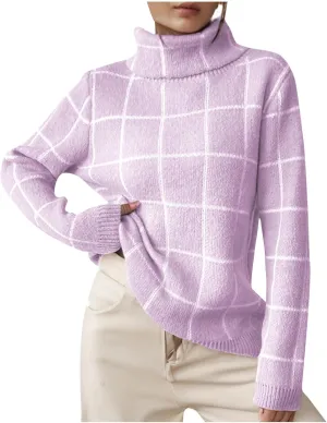 Sweaters for Women Trendy Oversized Turtleneck Plaid Fuzzy Pullover Tops Winter Long Sleeve Fuzzy Thermal Clothes